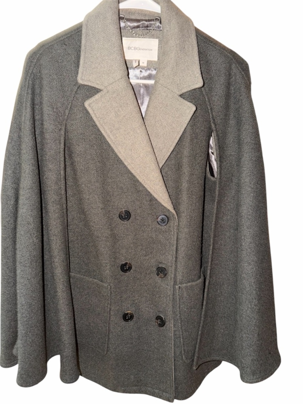 BCBGeneration Gray Double-Breasted Wool Cape with Lighter Gray Lapels